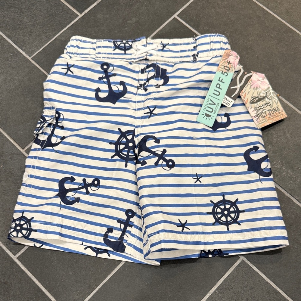 Kids Nautical Anchor Swim Trunks - Blue & White